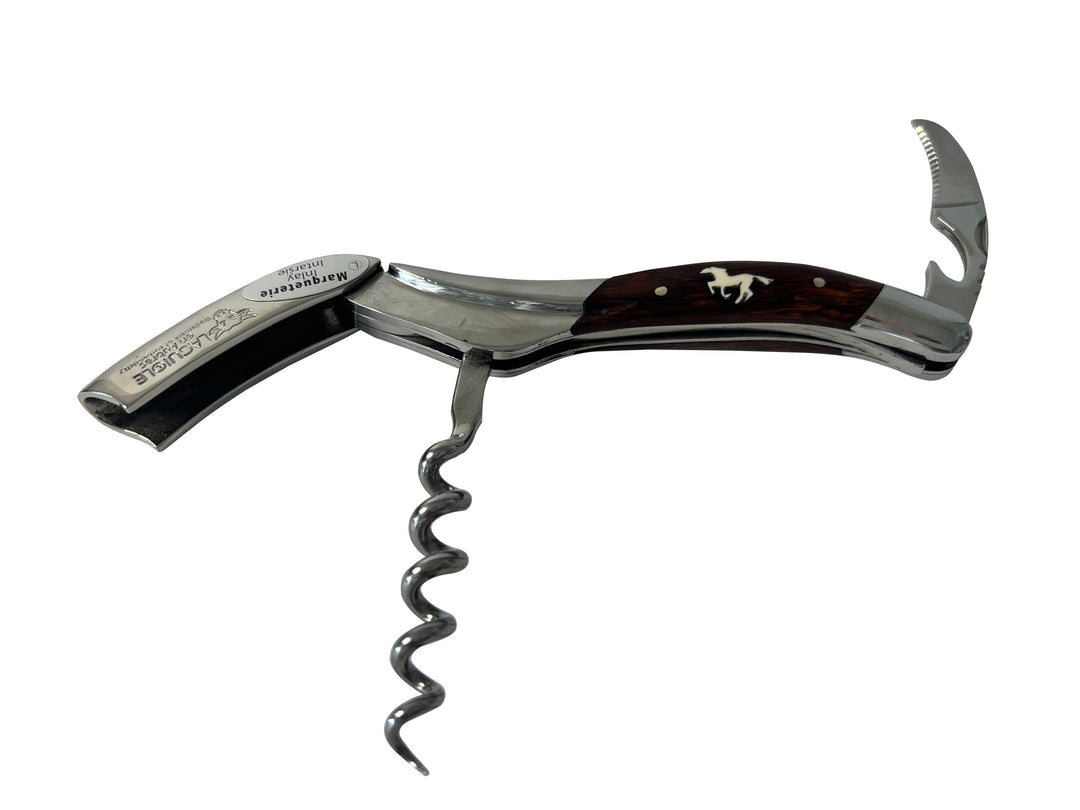 Handcrafted Sommelier Waiter's Corkscrew, Marqueterie Amourette With Inlayed Horse Handle by Laguiole en Aubrac