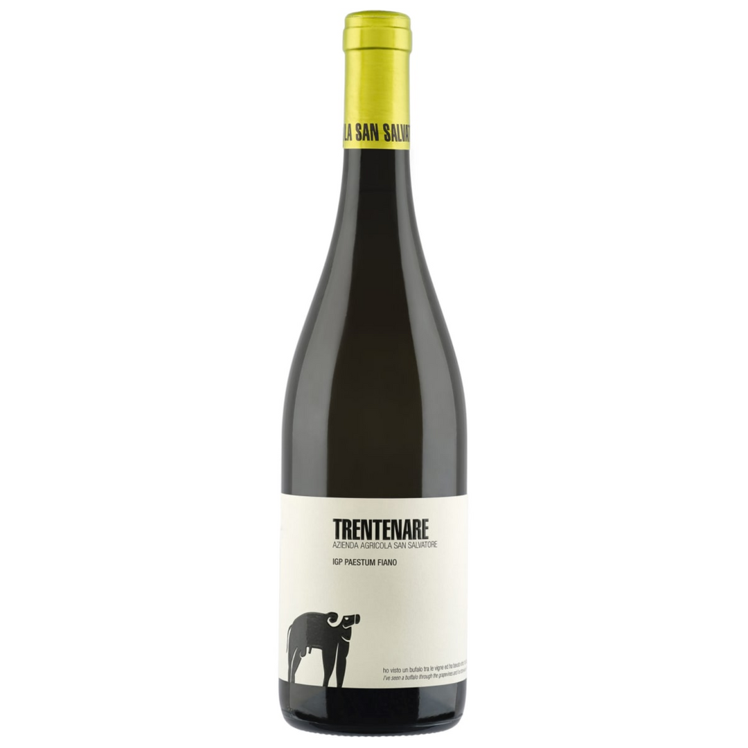 Bottle of San Salvatore Trentenare Fiano 2021, a Fiano white wine from Campania, Italy.