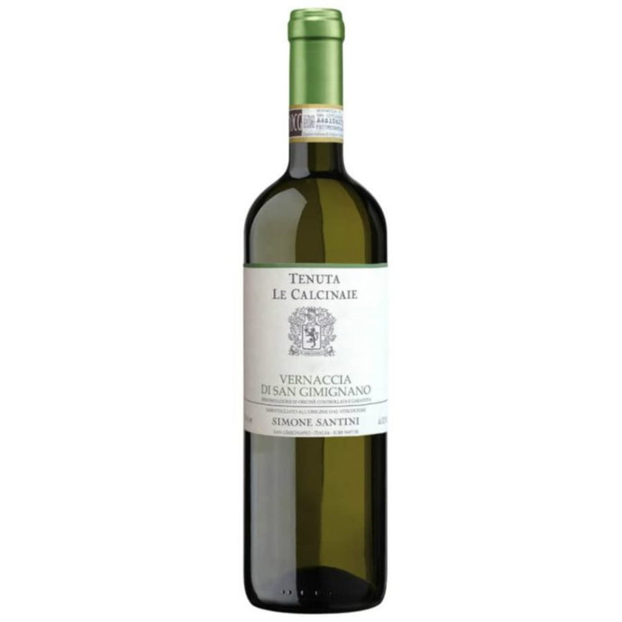Bottle of Tenuta Le Calcinaie Vernaccia di San Gimignano 2022, a white wine from Tuscany, Italy.