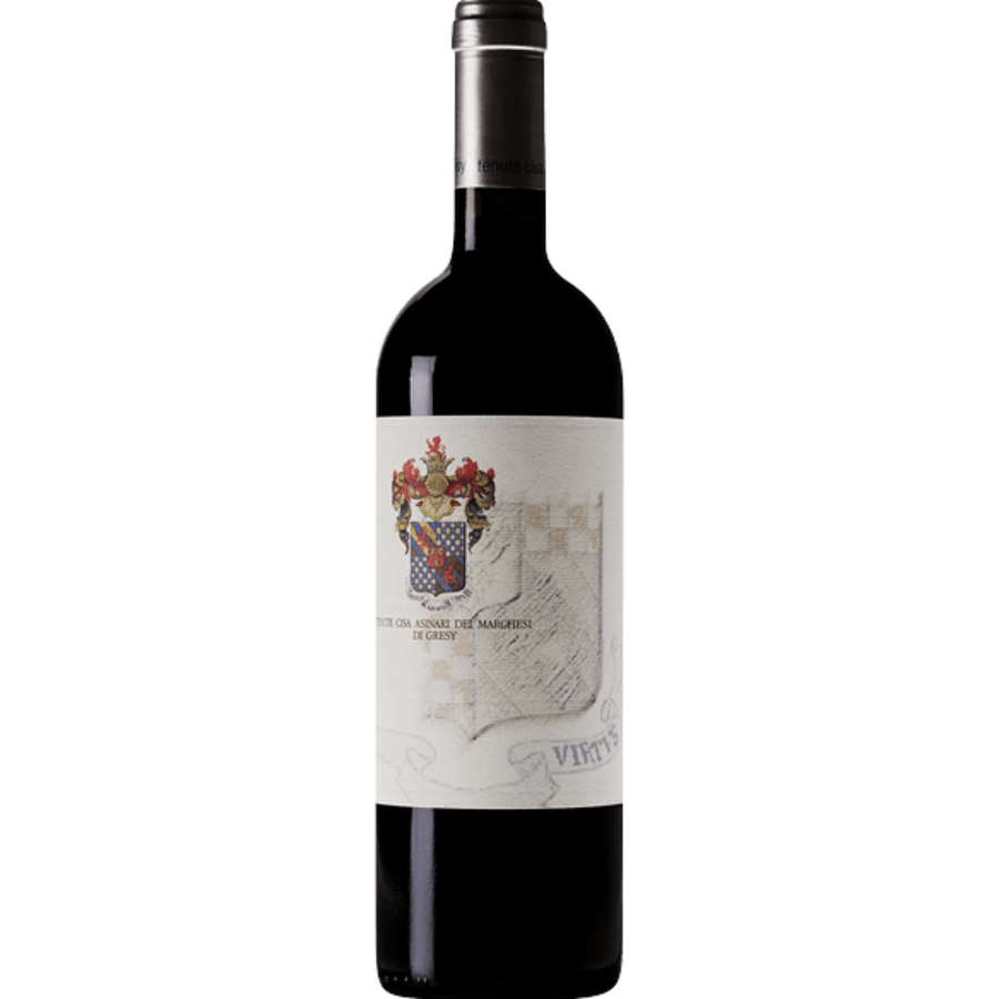 Bottle of Marchesi di Gresy Virtus Langhe Rosso 2012, a red blend wine from Piedmont, Italy.
