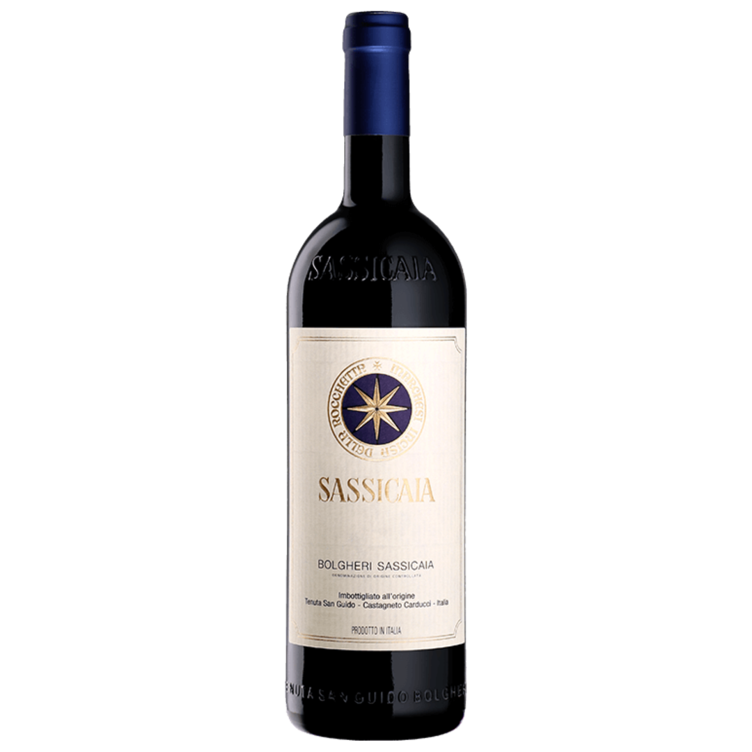 Bottle of Tenuta San Guido Sassicaia 2023, a Cabernet Sauvignon red wine from Bolgheri, Tuscany, Italy.