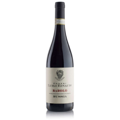 Bottle of Poderi Luigi Einaudi Bussia Barolo 2018, a Nebbiolo red wine from Piedmont, Italy.